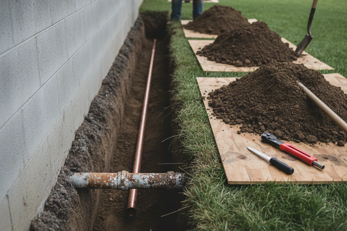 Excavated water line trench during Sewer Line Repair in Romulus
